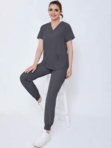 (Four-Piece Set) Scrubs Uniform Women's Running Matte Elastic Sports Nurse  Uniform Wash Clothes Work Clothes Breathable Scrub Shirt - 藍色 - 查看 4