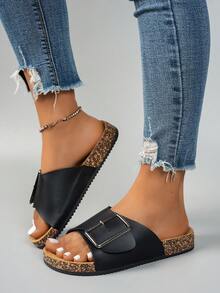 Papuci casual de damă, de culoare solidă, cu vârf deschis, sandale plate confortabile pentru toate anotimpurile, cu cataramă metalică reglabilă, talpă TPR anti-alunecare și căptușeală din material textil