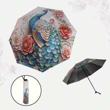 Bright Peacock Pattern Folding Manual Umbrella - Reinforced 8-Bar Steel Frame, UV Protection, Compact Folding Design, Durable 190T Vinyl Fabric And Ergonomic Rubber Handle, Recreational Rain Gear | Folding Umbrella | Durable Vinyl Canopy, Outdoor Umbrella Summer Cooling,Beach,Travel