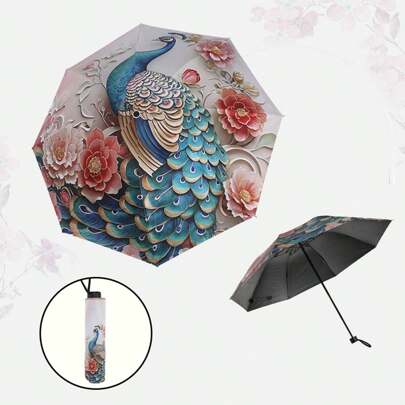 Regenschirm mit leuchtend blauem Pfaumuster - Verstärkter 8-Stangen Stahlrahmen, UV-Schutz, kompaktes Faltdesign, strapazierfähiger 190T Vinylstoff und ergonomischer Gummigriff, Freizeit-Regenbekleidung | Faltregenschirm | strapazierfähige Vinylbespannung, Outdoor-Sonnenschirm für Sommer, Strand, Reisen