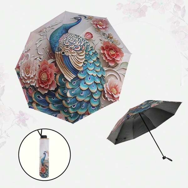 Bright Peacock Pattern Folding Manual Umbrella - Reinforced 8-Bar Steel Frame, UV Protection, Compact Folding Design, Durable 190T Vinyl Fabric And Ergonomic Rubber Handle, Recreational Rain Gear | Folding Umbrella | Durable Vinyl Canopy, Outdoor Umbrella Summer Cooling,Beach,Travel
