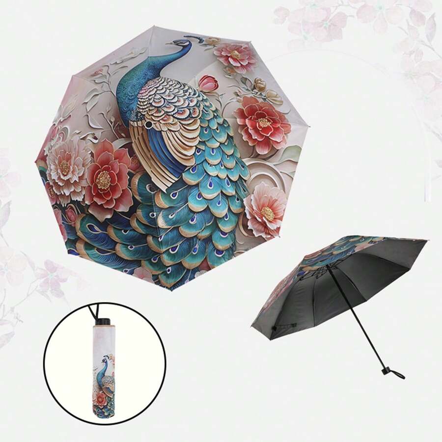 Bright Peacock Pattern Folding Manual Umbrella - Reinforced 8-Bar Steel Frame, UV Protection, Compact Folding Design, Durable 190T Vinyl Fabric And Ergonomic Rubber Handle, Recreational Rain Gear | Folding Umbrella | Durable Vinyl Canopy, Outdoor Umbrella Summer Cooling,Beach,Travel