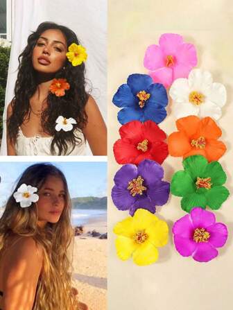 8pcs-Hawaiian Flower Hair Clips For Women Plumeria Hibiscus Hair Clip 3.5 Inch Artificial Flower Clips For Vacation Beach Party,Bohemian Style Fabric Hairpin Set, Elegant Solid Color Flower Hairpins, Hibiscus Flower Hair Accessories For Women