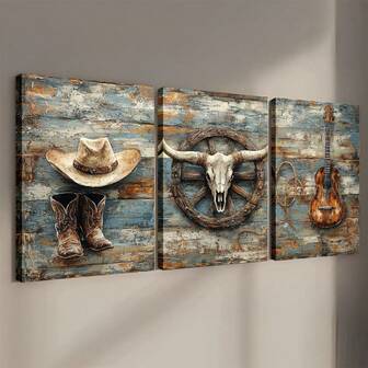 Juego de 3 cuadros de arte de vaquero - Pintura vibrante en lienzo para decoración del hogar, obras de arte para decoración y como regalos, decoración de la sala familiar, arte de pared, impresión en lienzo, listo para colgar