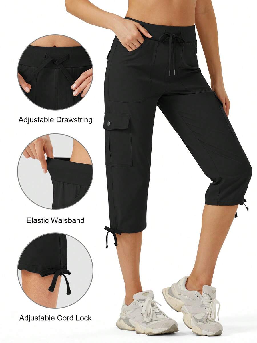 Women's Cargo Hiking Pants Lightweight Quick Dry Outdoor Athletic Capris Pants With Cute Pockets Travel Casual Loose Comfy - 黑色 - 查看 1