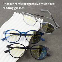 渐进多焦点变色老花镜，复古圆框，超轻 TR 镜框，舒适轻便，男女通用