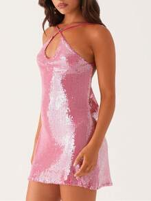 Women Halter Mini Dress Sequin Sparkly Sexy Backless Short Dress Glitter Y2K Spaghetti Strap V Neck Cut Out Bodycon Dress Party Night Out Clubwear - 粉色 - 查看 3