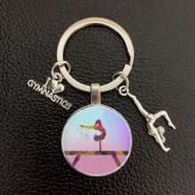 1pc I Love Gymnastics Glass Keychain Key Ring, Metal Key Chain For Men & Women, Sports Themed Gift School Letter Car Accessories Cute Goth Y2k