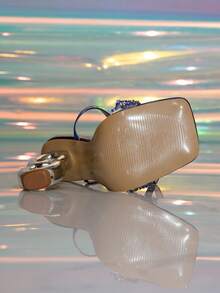 11cm Ankle Strap High Heels, New Summer Women Chunky Heel Sandals, Blue Glass Crystal Rivet Square Toe Metal Material Sexy Party Stilettos - Blue - View 7