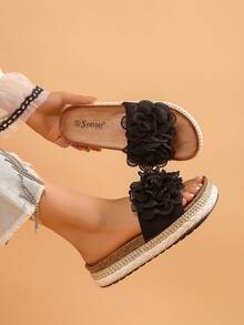 Damen Slipper mit dicker Sohle und Bohemien Blumenmuster für Zuhause und Outdoor - Schwarz - Übersicht 3
