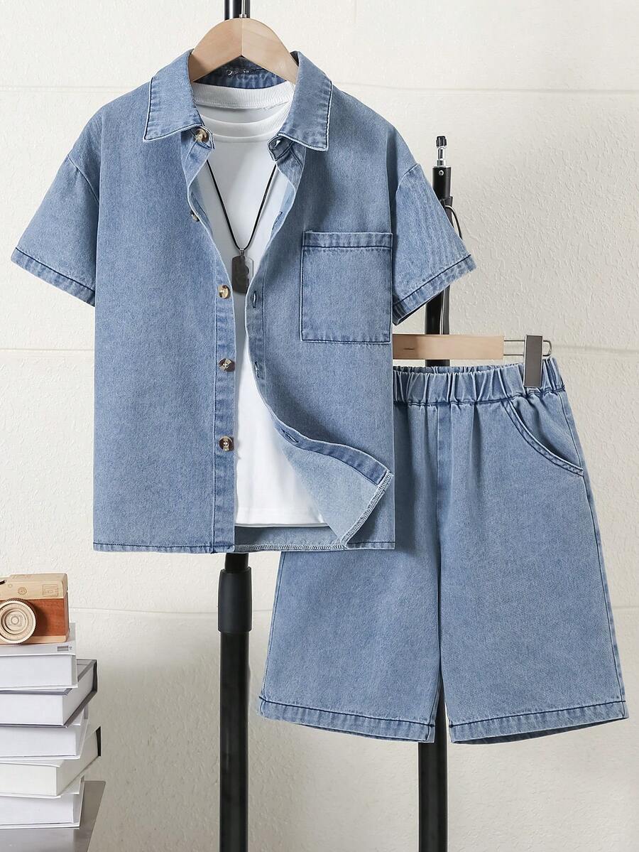 2pcs/Set Older Boys Casual Fashion Solid Color Denim Shirt And Denim Shorts Set - Blue - View 1