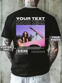 Customized Summer Men's T-Shirt With Printed Back Design, Upload Your Own Photos/Images/Selfies/Landscapes, Personalize With Text/Blessings/Messages/Names, Round Neck Short Sleeve Tee, Black Color, DIY Design, Creative Gift, Modest Fashion, Minimal Chic
