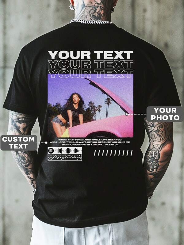 Personalisiertes Sommer T-Shirt für Herren mit bedrucktem Rückendesign, lade deine eigenen Fotos/Bilder/Selfies/Landschaften hoch, individualisiere mit Text/Segen/Nachrichten/Namen, Rundhals Kurzarmshirt, schwarze Farbe, DIY Design, kreatives Geschenk, Paarkostüm, Team Building Uniform, Firmenkleidung, Mindestbestellmenge 1 Stück, Werbeartikel Shirts, Feriengeschenk, individuelle Teamuniformen, Dekorativ, Dawg Schick, Mode, Hipster, Minimalistisch, Einfaches Kostüm, Bescheidene Mode, Minimal-Chic, Individuell, Personalisiert, ideale Geschenke für ihn, Familie, Freund, Kinder