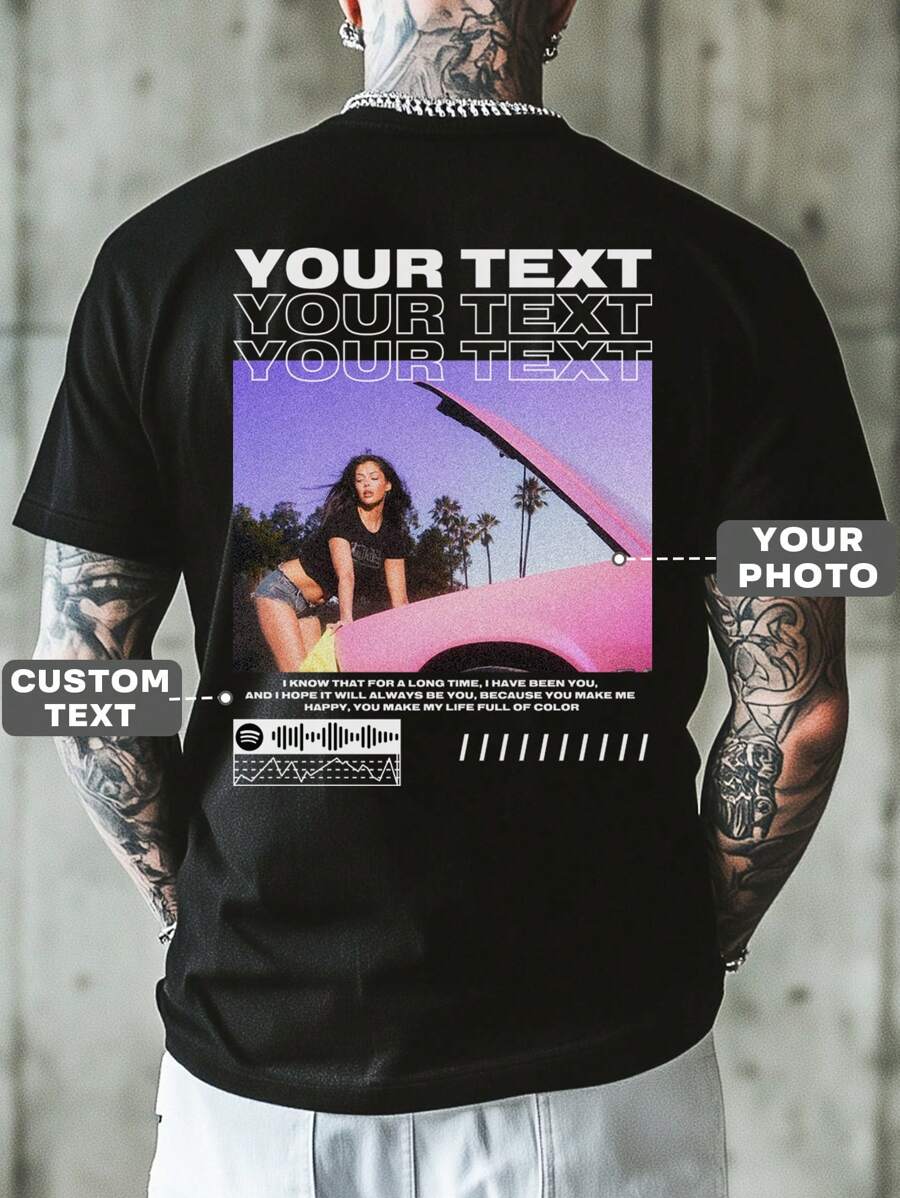 Customized Summer Men's T-Shirt With Printed Back Design, Upload Your Own Photos/Images/Selfies/Landscapes, Personalize With Text/Blessings/Messages/Names, Round Neck Short Sleeve Tee, Black Color, DIY Design, Creative Gift, Modest Fashion, Minimal Chic