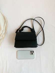 1pc Solid Color Pleated Edge Handbag With Flap, Crossbody Bag For Women - Black - View 4