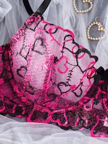 Sexy Heart Patchwork Sheer Mesh Lingerie Set, European And American Style Temptation Intimate Apparel - Black - View 5