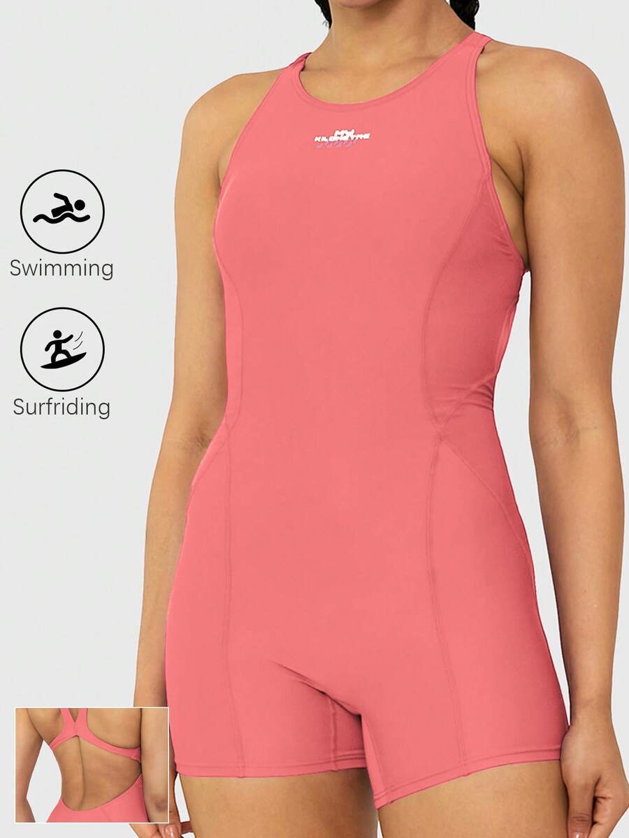 Speed mate Swim Summer Beach Ladies' Solid Vacation Ruched Crossed Back Casual One-Piece Swimsuit - Coral Pink - View 1