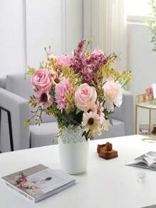 1pc/2pcs/3pcs Artificial Rose & Daffodil Flower Bouquet - Rustic Style Fake Flowers With Pink Roses, White Sunflowers And Green Leaves, Suitable For Wedding, Engagement, Birthday, Valentine's Day, Mother's Day Decoration, Spring Home Tabletop Centerpiece In Glass Vase, Event Floral Arrangement, Perfect For Christmas, Thanksgiving