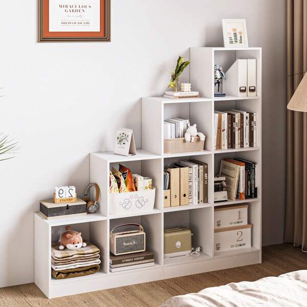 Bücherregal mit 10 Würfeln, offenen Fächern, 4-stufiges Regal, verstellbare Paneele, Schrank, Würfelregal Stufenregal, Display-Veranstalter für Wohnzimmer, Office, Schlafzimmer, Weiß