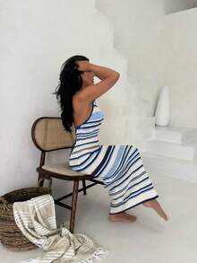 Vivid Style Sexy Hollow Out Sleeveless Fitted Striped Knit Beach Dress, Suitable For Summer Vacation, Christmas, New Year - Royal Blue - View 2