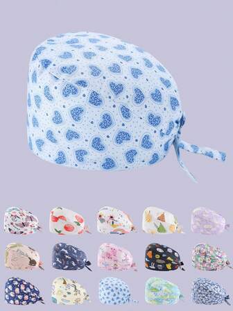 1 件女士棉涤材质碎花、心形、动物印花 V 领图案护士帽，抗菌防尘，适用于医院护士、美容师、医疗机构清洁人员和家政人员