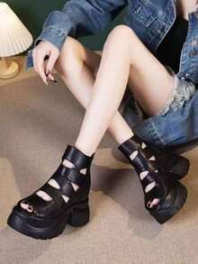 Vintage Casual Summer Fashion Hollow Out High Heeled Roman Gladiator Booties, Platform High Top Sandals For Women - Black - View 1