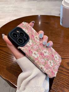 Flower Phone Case 1pc Retro Pink & White Flower Branch Pattern Vertical Striped Faux Leather Shockproof Soft Phone Case Compatible With Apple And Galaxy 15/15 PLUS/15 PRO/15 PRO MAX - Multicolor - View 6