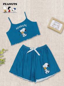 SNOOPY Authorized PEANUTS Snoopy Printed Cami Top & Shorts Sleepwear & Women Summer Cute Leisure Set Outfit