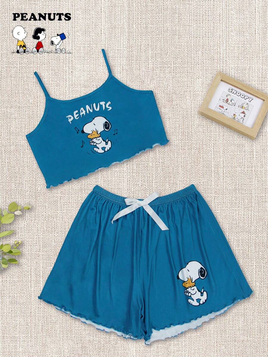 SNOOPY Authorized PEANUTS Snoopy Printed Cami Top & Shorts Sleepwear & Women Summer Cute Leisure Set Outfit