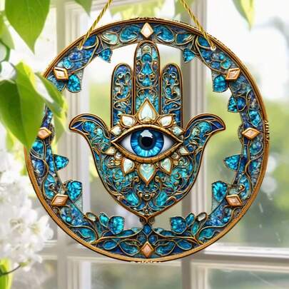 半个哈姆萨手持式捕光器，8英寸 x 8英寸，精神护身符，中东装饰，宗教主题，独特的好运生日礼物，适合墙面和房间装饰