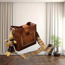 Bucket Bag,  Women's Vintage Bunny Pendant  Bucket Bag, Retro Small Water Buckets Bags, Adjustable Shoulder Strap Crossbody Bag