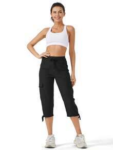 Women's Cargo Hiking Pants Lightweight Quick Dry Outdoor Athletic Capris Pants With Cute Pockets Travel Casual Loose Comfy - 黑色 - 查看 4