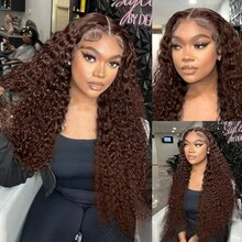 HJ WEAVE BEAUTY Perruque de cheveux humains en dentelle frontale marron chocolat 13x6 Perruques brésiliennes à ondulations profondes pour femmes Perruque de cheveux humains naturels Jerry Curly Perruque longue Partie gratuite 4 # Teinte Pré-épilée Ligne de cheveux naturelle avec cheveux de bébé Densité de 180 %. - S4 - Voir 8