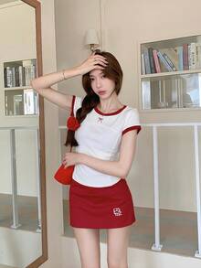 女士蝴蝶结刺绣白色短袖修身短款 T 恤，夏季 - 白色 - 查看 4