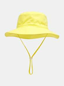 1pc Kids Sun Protection Bucket Hat With Windproof Rope, Simple Solid Color Or Cartoon Print Design, Thin Breathable Bucket Hat, Beach Hat And Bucket Hat Suitable For Daily Travel