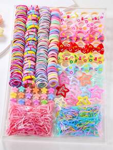 880pcs Girls Colorful Flower, Bow, Star Printed Hair Accessories Set - Scrunchies, Clips, Elastic Bands For Princess Hair Styling, Gift