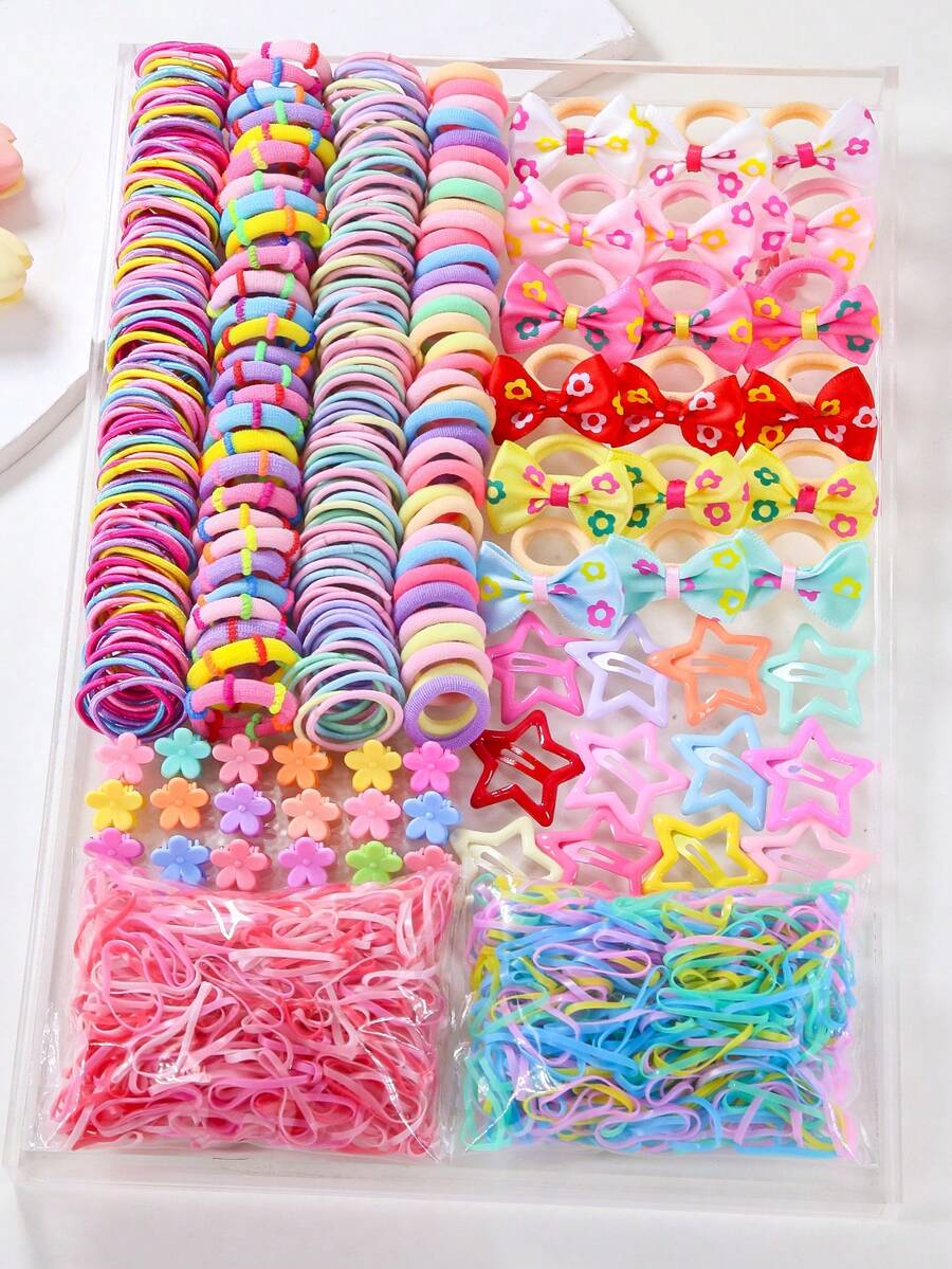 880pcs Girls Colorful Flower, Bow, Star Printed Hair Accessories Set - Scrunchies, Clips, Elastic Bands For Princess Hair Styling, Gift
