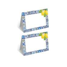 卡普里柠檬座位卡柠檬和蓝色瓷砖桌名卡帐篷卡自助餐卡食物标签用于餐桌布置生日新娘送礼会意大利黄柠檬和阿马尔菲海岸派对装饰