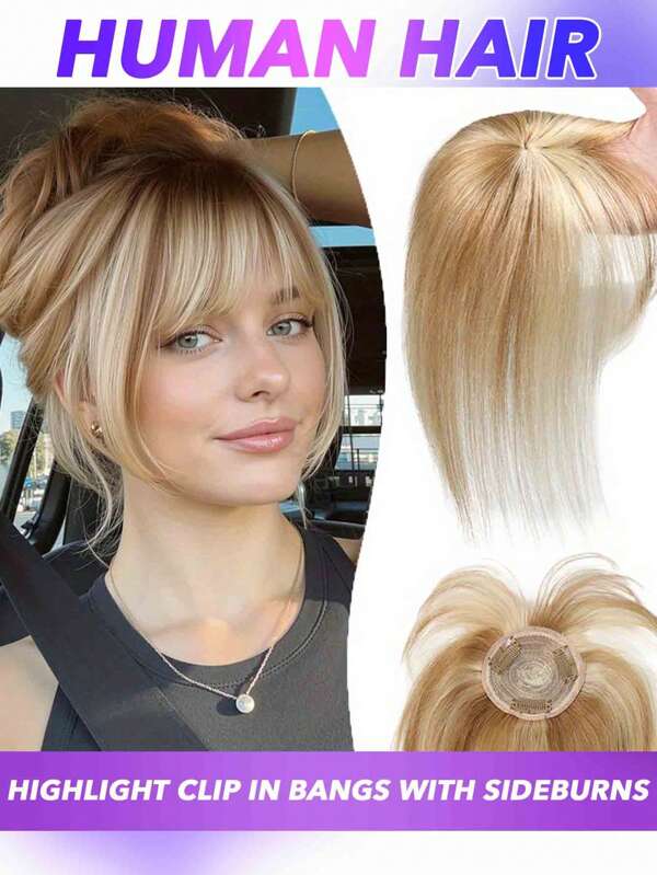 Highlight Topper Hair With Bangs Golden Brown Mixed Bleach Blonde For Women Real Human Hair Upgraded Hair Base Clip In Topper Top Hair Extensions 8 10 Inch #12P613