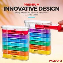 1 件装每周药丸整理器带药丸切割器 - V 型药丸分离器可堆叠药丸盒药物维生素带 4 个每日隔间，2 个分配器带可堆叠盒子 AM/PM - 彩色 - 查看 5