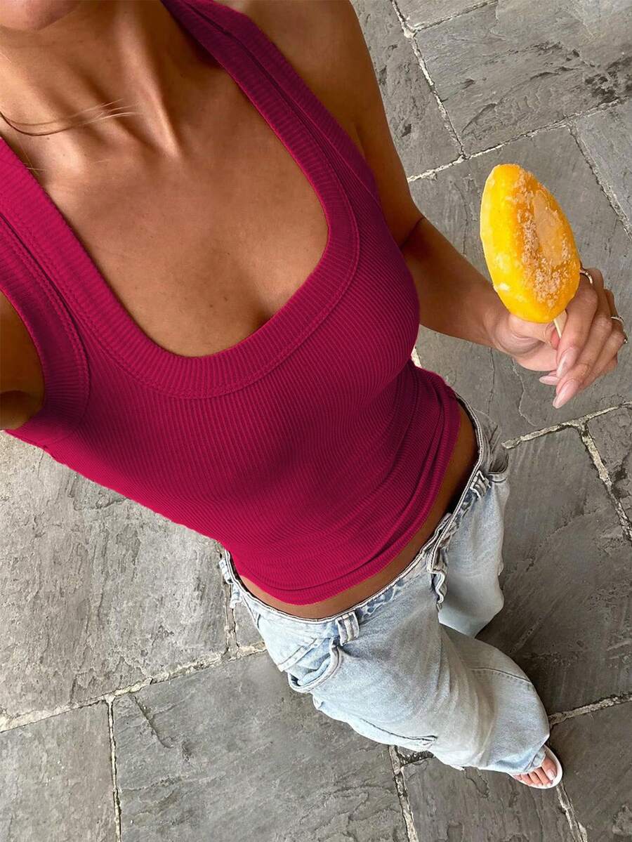 Floreya 女士夏季方领吊带背心，时尚简约修身包臀上衣，休闲无袖露脐短款上衣，适合叠穿，法式运动风，四季皆宜