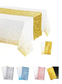 2pcs/Pack Tablecloth And Sequin Table Runner Set Polka Dots Confetti Table Cover Dining Plastic Table Cloths Glitter Decorations For Birthday Wedding Anniversary Party Supplies