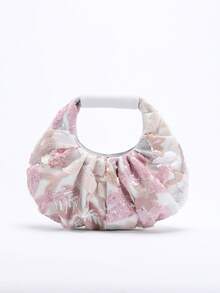 1 件女士亚麻手提包，带有彩色亮片、网眼、花卉刺绣和褶边细节，独特设计，适合夏季海滩、度假（花卉图案随机） - 彩色 - 查看 5