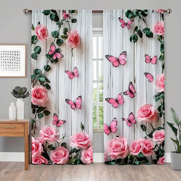2 stuks lentevlinder- en roze rozengordijn - elegant bloemenontwerp met levendige rozen, vlinders en groene bladeren, semi-transparant, geschikt voor woonkamer, slaapkamer, kantoor, keuken, studeerkamer en woondecoratie (paal niet inbegrepen), vlinderdecoratie
