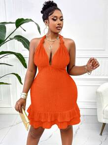 BIUBIU Vestido sexy de verano para mujer talla grande con escote en V profundo, cuello halter, hombros descubiertos, dobladillo con volantes dobles y espalda descubierta