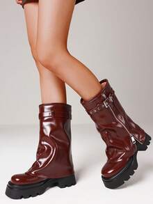 Punk Goth Women's Ankle Boots Fold Over Wedge Heel Booties Wide-Calf Short Shoes Fashion Motorcycle Boots - Red - View 4
