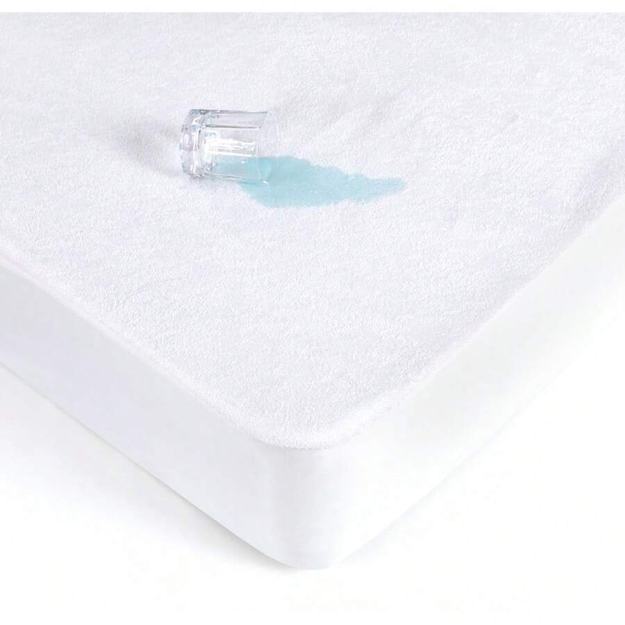 Protector de Colchón Impermeable para Camas Individuales, Matrimoniales y Semidobles de Algodón, Protector de Colchón de Rizo Suave con Esquinas, Hipoalergénico, Antiácaros y Antibacteriano, Color Blanco - Blanco - Ver 1