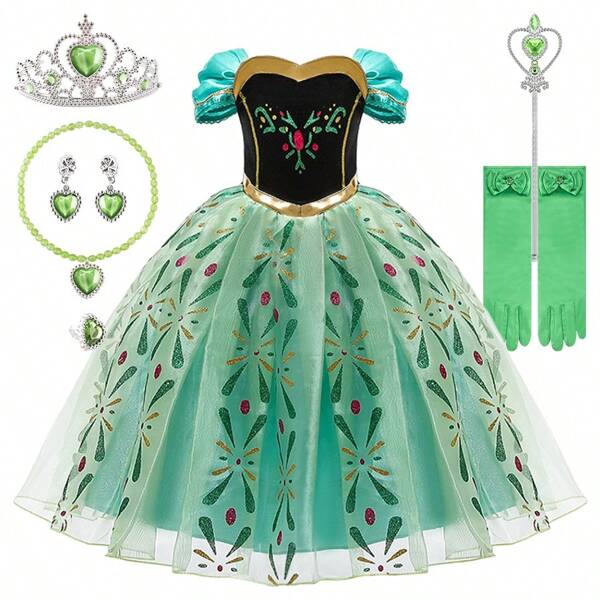 9 pièces/set Accessoires de robe pour filles à manches courtes et motifs verts, costume pour enfants pour le jeu de rôle, Halloween, anniversaire