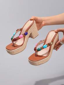 彩色串珠人字拖坡跟凉鞋，绳索厚底高跟，防水，夏季度假休闲时尚女鞋 - 棕色 - 查看 2