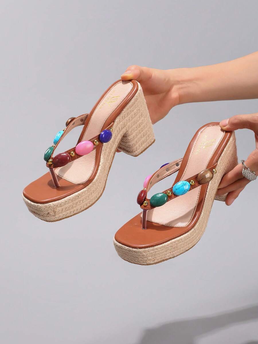 彩色串珠人字拖坡跟凉鞋，绳索厚底高跟，防水，夏季度假休闲时尚女鞋